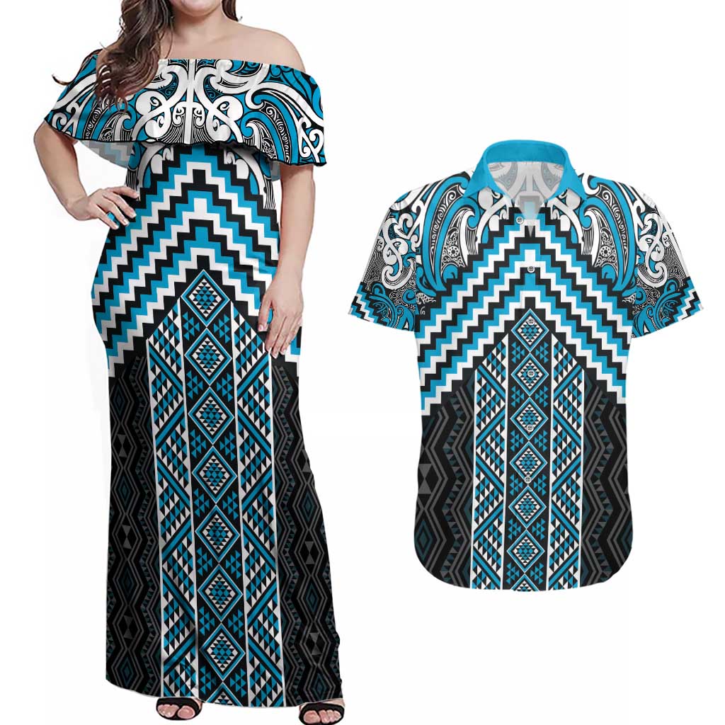 Maori Tukutuku Taniko Motifs Couples Matching Off Shoulder Maxi Dress and Hawaiian Shirt Turquoise Poutama Mix Kowhaiwhai LT7 Turquoise - Polynesian Pride