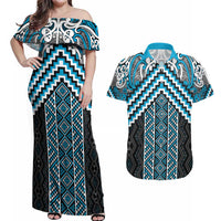 Maori Tukutuku Taniko Motifs Couples Matching Off Shoulder Maxi Dress and Hawaiian Shirt Turquoise Poutama Mix Kowhaiwhai LT7 Turquoise - Polynesian Pride