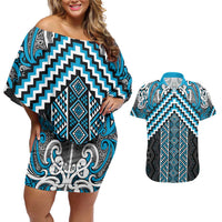 Maori Tukutuku Taniko Motifs Couples Matching Off Shoulder Short Dress and Hawaiian Shirt Turquoise Poutama Mix Kowhaiwhai LT7 Turquoise - Polynesian Pride