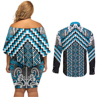 Maori Tukutuku Taniko Motifs Couples Matching Off Shoulder Short Dress and Long Sleeve Button Shirt Turquoise Poutama Mix Kowhaiwhai LT7 - Polynesian Pride