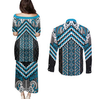 Maori Tukutuku Taniko Motifs Couples Matching Puletasi and Long Sleeve Button Shirt Turquoise Poutama Mix Kowhaiwhai