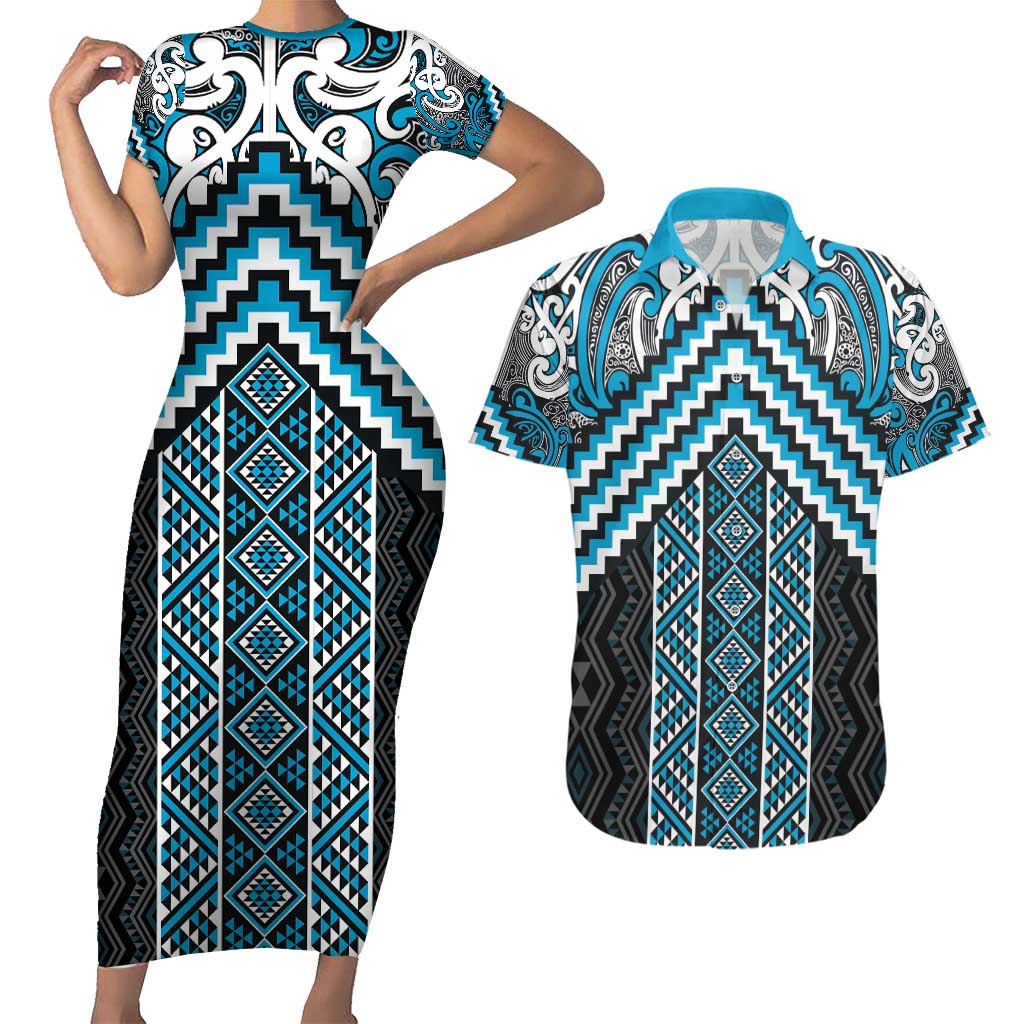 Maori Tukutuku Taniko Motifs Couples Matching Short Sleeve Bodycon Dress and Hawaiian Shirt Turquoise Poutama Mix Kowhaiwhai LT7 Turquoise - Polynesian Pride