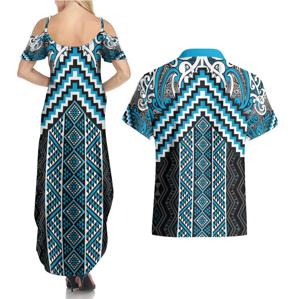 Maori Tukutuku Taniko Motifs Couples Matching Summer Maxi Dress and Hawaiian Shirt Turquoise Poutama Mix Kowhaiwhai LT7 - Polynesian Pride
