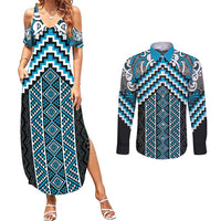 Maori Tukutuku Taniko Motifs Couples Matching Summer Maxi Dress and Long Sleeve Button Shirt Turquoise Poutama Mix Kowhaiwhai