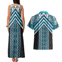 Maori Tukutuku Taniko Motifs Couples Matching Tank Maxi Dress and Hawaiian Shirt Turquoise Poutama Mix Kowhaiwhai LT7 - Polynesian Pride