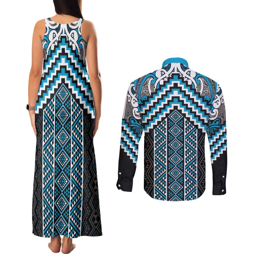 Maori Tukutuku Taniko Motifs Couples Matching Tank Maxi Dress and Long Sleeve Button Shirt Turquoise Poutama Mix Kowhaiwhai LT7 - Polynesian Pride