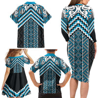 Maori Tukutuku Taniko Motifs Family Matching Long Sleeve Bodycon Dress and Hawaiian Shirt Turquoise Poutama Mix Kowhaiwhai LT7 - Polynesian Pride