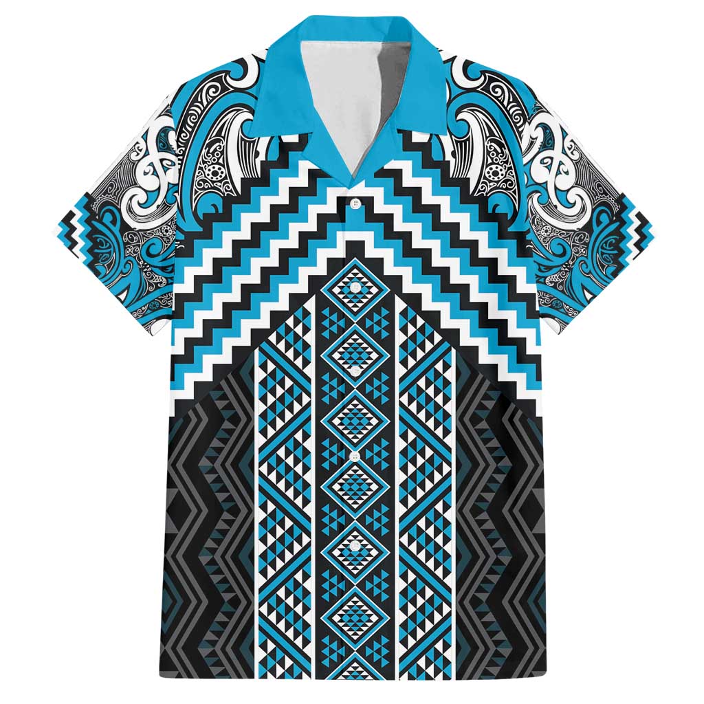 Maori Tukutuku Taniko Motifs Family Matching Long Sleeve Bodycon Dress and Hawaiian Shirt Turquoise Poutama Mix Kowhaiwhai LT7 Dad's Shirt - Short Sleeve Turquoise - Polynesian Pride