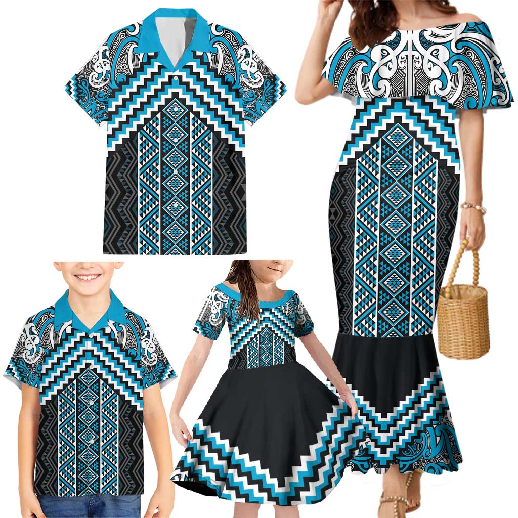 Maori Tukutuku Taniko Motifs Family Matching Mermaid Dress and Hawaiian Shirt Turquoise Poutama Mix Kowhaiwhai LT7 - Polynesian Pride