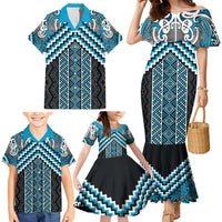 Maori Tukutuku Taniko Motifs Family Matching Mermaid Dress and Hawaiian Shirt Turquoise Poutama Mix Kowhaiwhai LT7 - Polynesian Pride