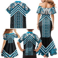 Maori Tukutuku Taniko Motifs Family Matching Mermaid Dress and Hawaiian Shirt Turquoise Poutama Mix Kowhaiwhai LT7 - Polynesian Pride