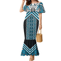 Maori Tukutuku Taniko Motifs Family Matching Mermaid Dress and Hawaiian Shirt Turquoise Poutama Mix Kowhaiwhai LT7 Mom's Dress Turquoise - Polynesian Pride