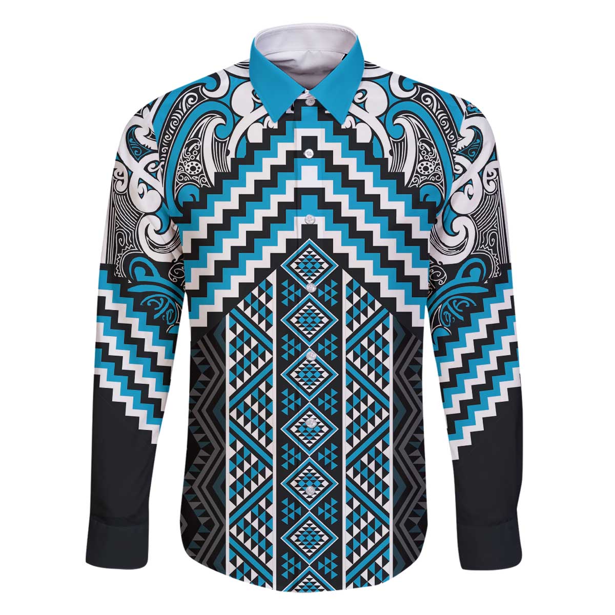 Maori Tukutuku Taniko Motifs Family Matching Off The Shoulder Long Sleeve Dress and Hawaiian Shirt Turquoise Poutama Mix Kowhaiwhai