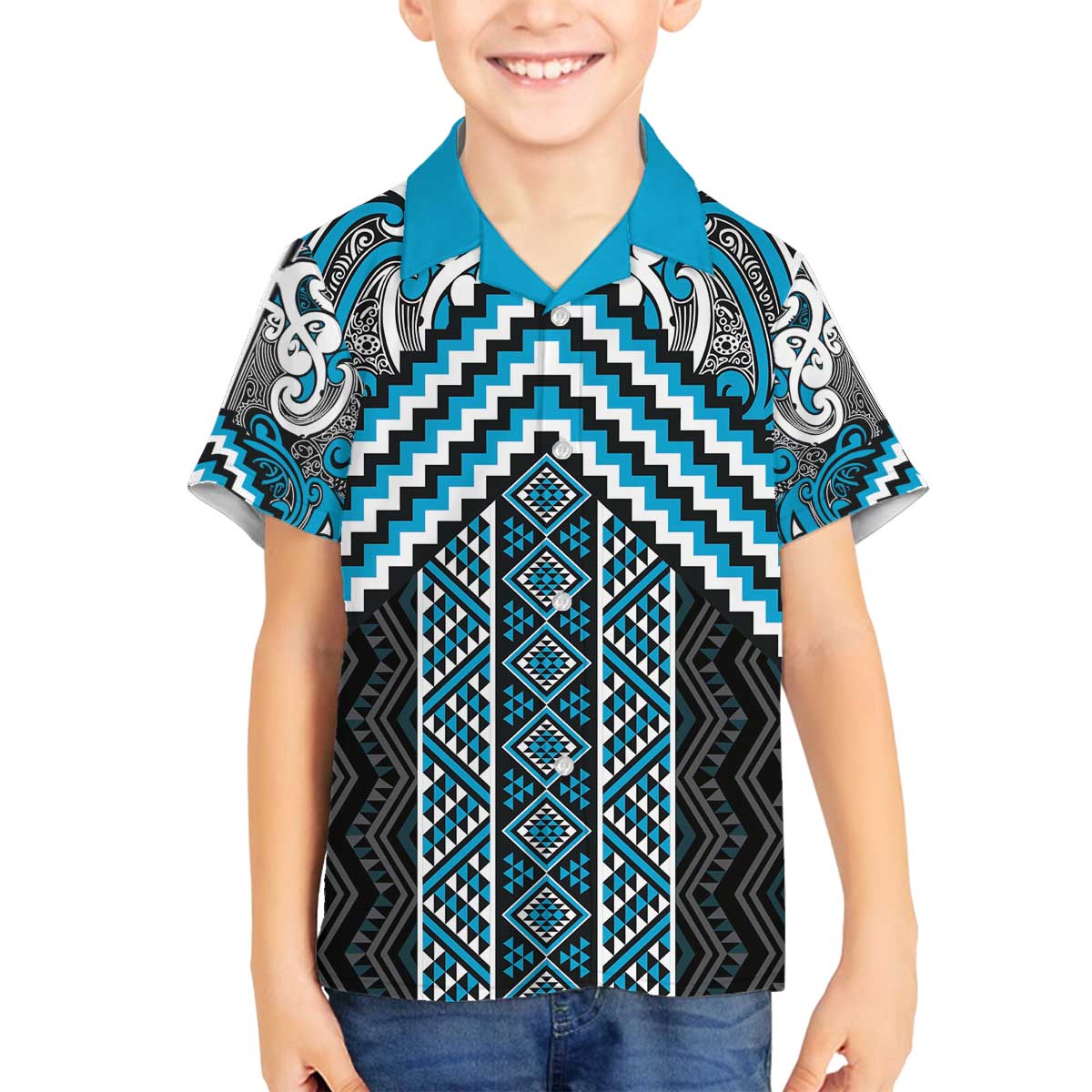 Maori Tukutuku Taniko Motifs Family Matching Off The Shoulder Long Sleeve Dress and Hawaiian Shirt Turquoise Poutama Mix Kowhaiwhai