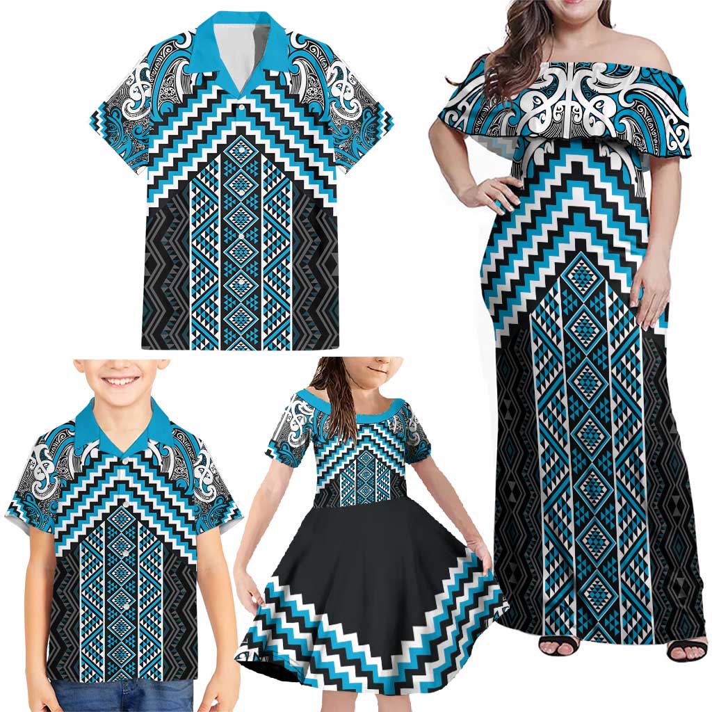 Maori Tukutuku Taniko Motifs Family Matching Off Shoulder Maxi Dress and Hawaiian Shirt Turquoise Poutama Mix Kowhaiwhai LT7 - Polynesian Pride