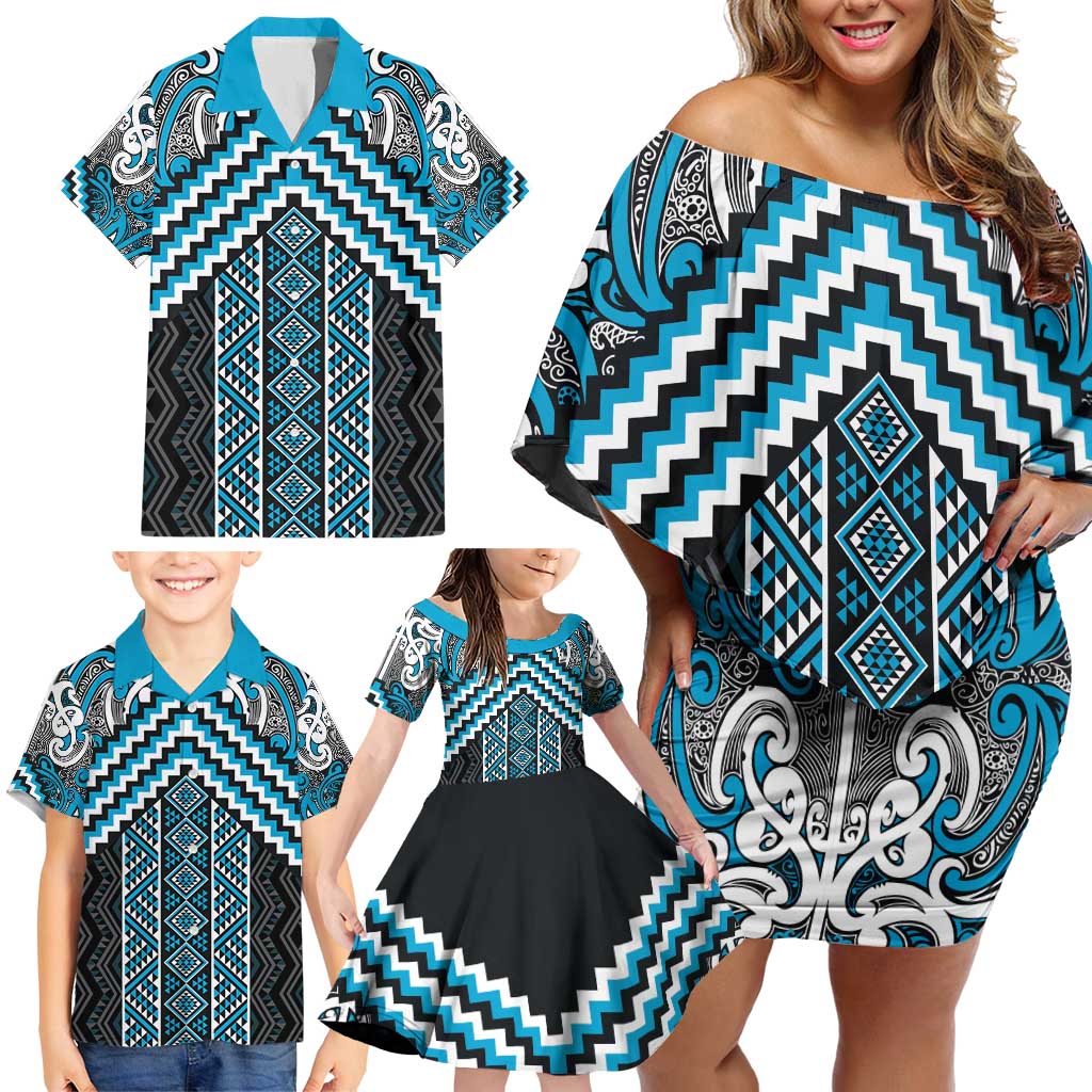 Maori Tukutuku Taniko Motifs Family Matching Off Shoulder Short Dress and Hawaiian Shirt Turquoise Poutama Mix Kowhaiwhai LT7 - Polynesian Pride