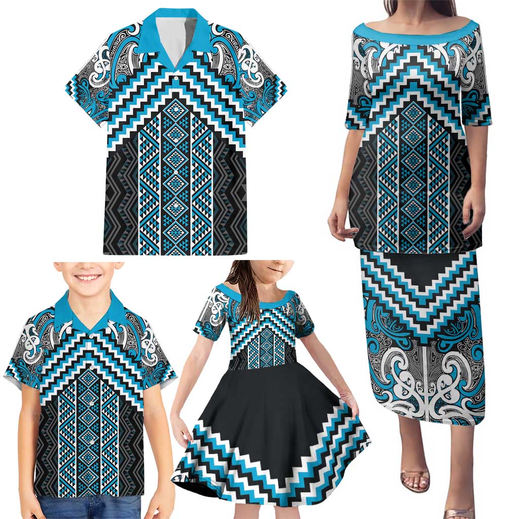 Maori Tukutuku Taniko Motifs Family Matching Puletasi and Hawaiian Shirt Turquoise Poutama Mix Kowhaiwhai LT7 - Polynesian Pride