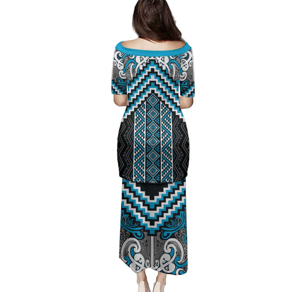 Maori Tukutuku Taniko Motifs Family Matching Puletasi and Hawaiian Shirt Turquoise Poutama Mix Kowhaiwhai LT7 - Polynesian Pride
