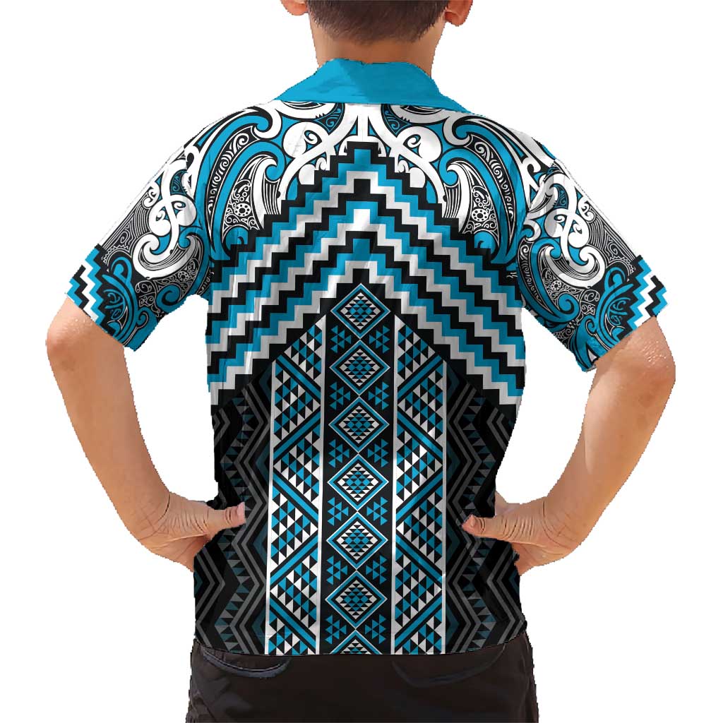 Maori Tukutuku Taniko Motifs Family Matching Short Sleeve Bodycon Dress and Hawaiian Shirt Turquoise Poutama Mix Kowhaiwhai LT7 - Polynesian Pride