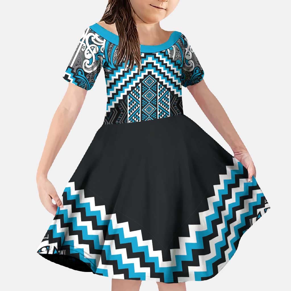 Maori Tukutuku Taniko Motifs Family Matching Short Sleeve Bodycon Dress and Hawaiian Shirt Turquoise Poutama Mix Kowhaiwhai LT7 Daughter's Dress Turquoise - Polynesian Pride
