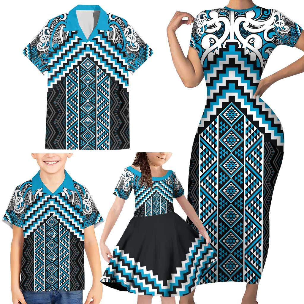 Maori Tukutuku Taniko Motifs Family Matching Short Sleeve Bodycon Dress and Hawaiian Shirt Turquoise Poutama Mix Kowhaiwhai LT7 - Polynesian Pride