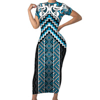 Maori Tukutuku Taniko Motifs Family Matching Short Sleeve Bodycon Dress and Hawaiian Shirt Turquoise Poutama Mix Kowhaiwhai LT7 Mom's Dress Turquoise - Polynesian Pride