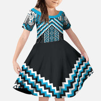 Maori Tukutuku Taniko Motifs Family Matching Tank Maxi Dress and Hawaiian Shirt Turquoise Poutama Mix Kowhaiwhai LT7 Daughter's Dress Turquoise - Polynesian Pride