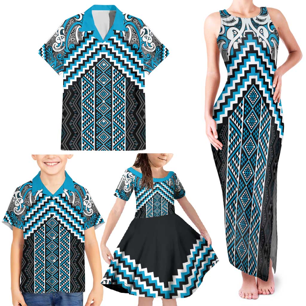 Maori Tukutuku Taniko Motifs Family Matching Tank Maxi Dress and Hawaiian Shirt Turquoise Poutama Mix Kowhaiwhai LT7 - Polynesian Pride