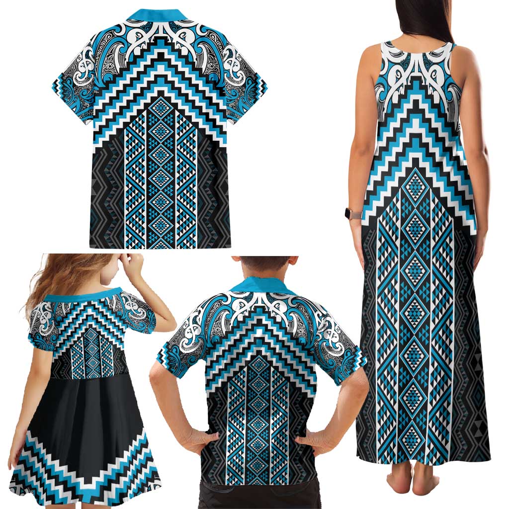Maori Tukutuku Taniko Motifs Family Matching Tank Maxi Dress and Hawaiian Shirt Turquoise Poutama Mix Kowhaiwhai LT7 - Polynesian Pride