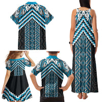 Maori Tukutuku Taniko Motifs Family Matching Tank Maxi Dress and Hawaiian Shirt Turquoise Poutama Mix Kowhaiwhai LT7 - Polynesian Pride