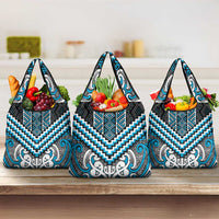 Maori Tukutuku Taniko Motifs Grocery Bag Turquoise Poutama Mix Kowhaiwhai