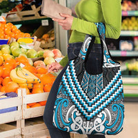 Maori Tukutuku Taniko Motifs Grocery Bag Turquoise Poutama Mix Kowhaiwhai