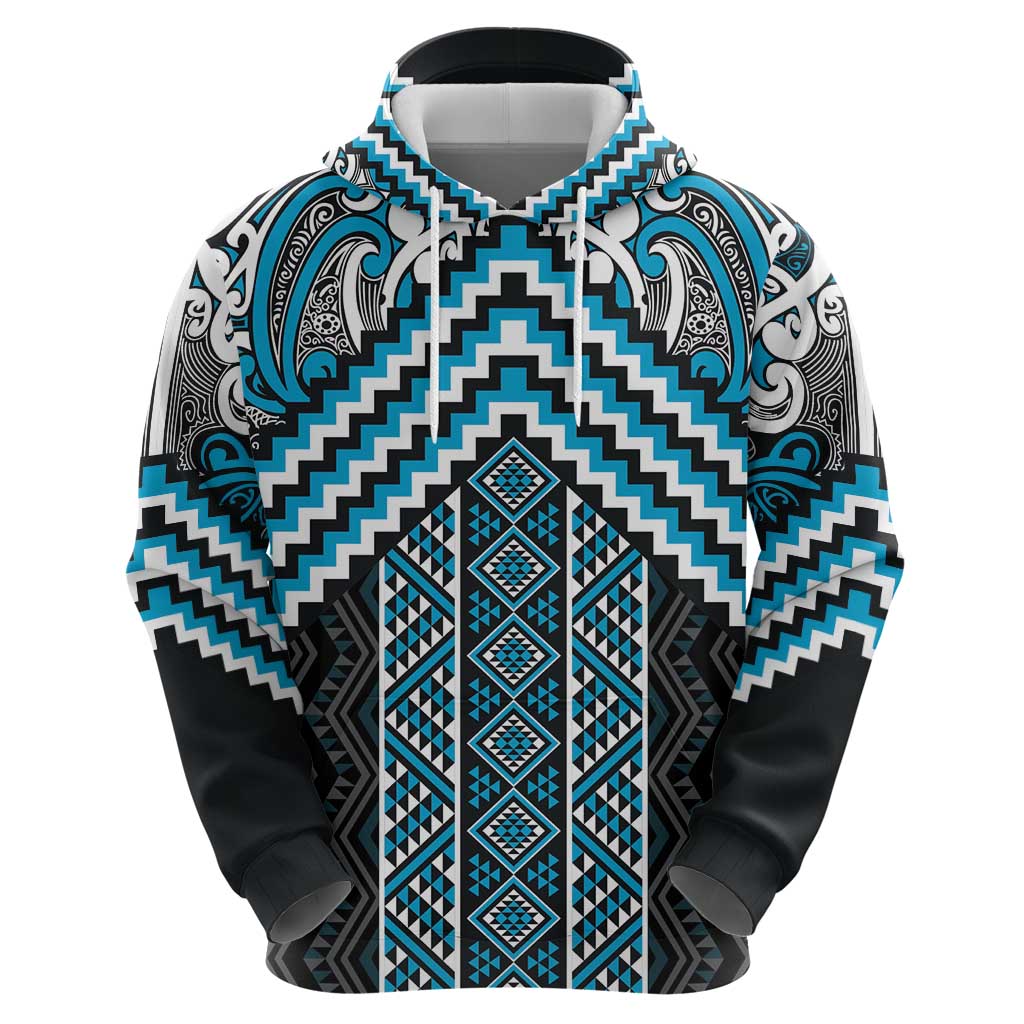 Maori Tukutuku Taniko Motifs Hoodie Turquoise Poutama Mix Kowhaiwhai