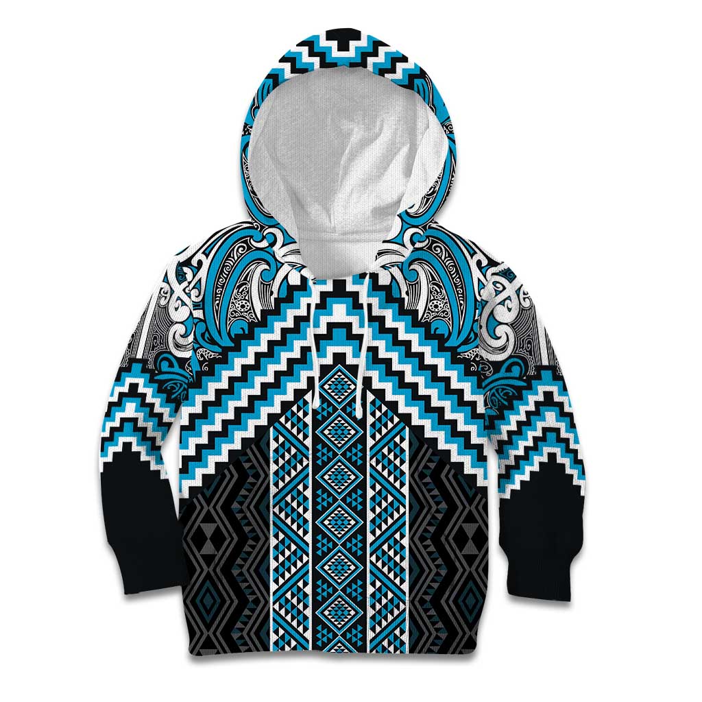 Maori Tukutuku Taniko Motifs Kid Hoodie Turquoise Poutama Mix Kowhaiwhai