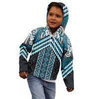 Maori Tukutuku Taniko Motifs Kid Hoodie Turquoise Poutama Mix Kowhaiwhai