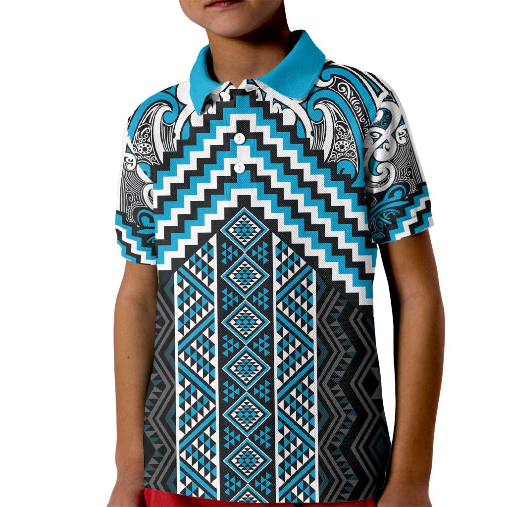 Maori Tukutuku Taniko Motifs Kid Polo Shirt Turquoise Poutama Mix Kowhaiwhai LT7 Kid Turquoise - Polynesian Pride