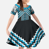 Maori Tukutuku Taniko Motifs Kid Short Sleeve Dress Turquoise Poutama Mix Kowhaiwhai