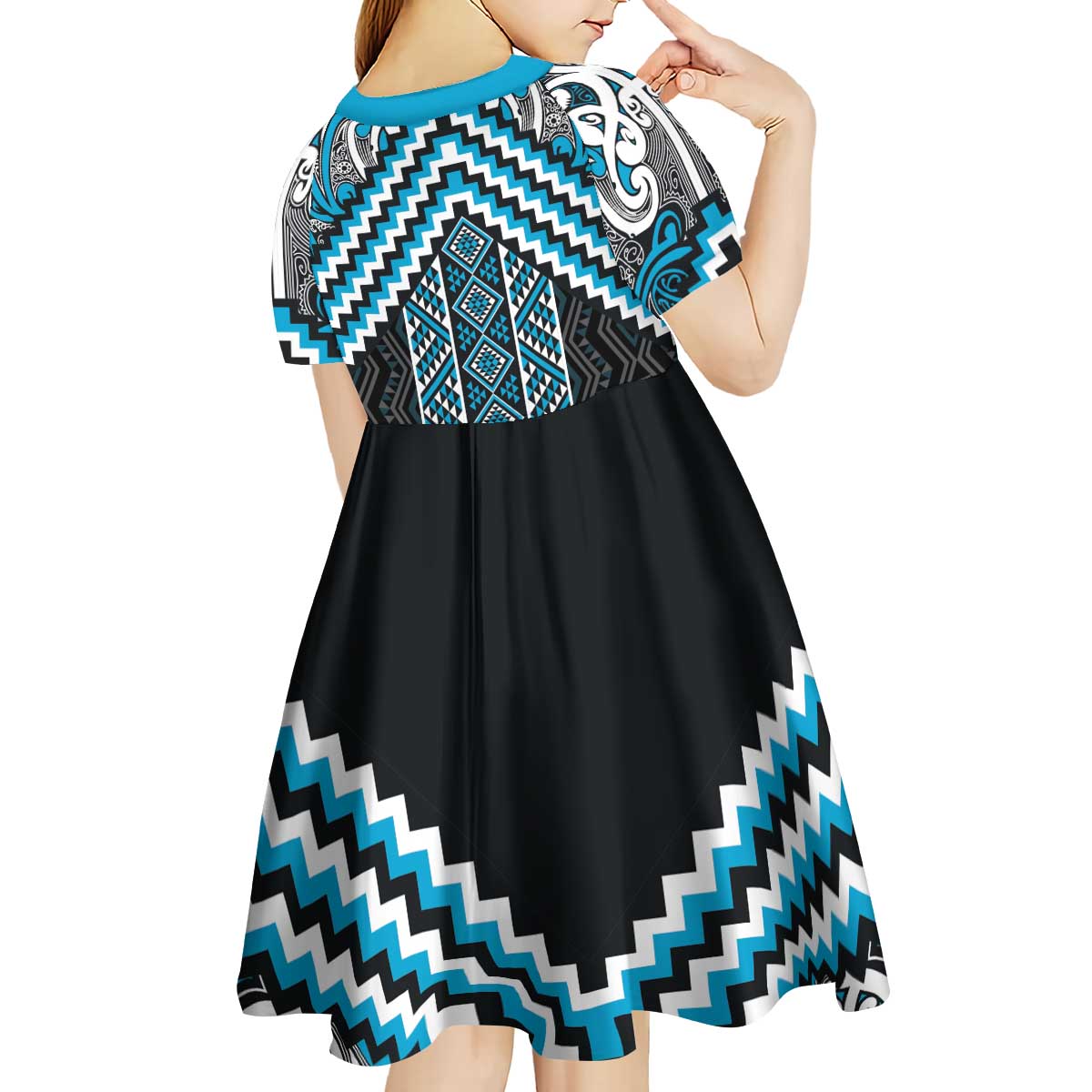 Maori Tukutuku Taniko Motifs Kid Short Sleeve Dress Turquoise Poutama Mix Kowhaiwhai