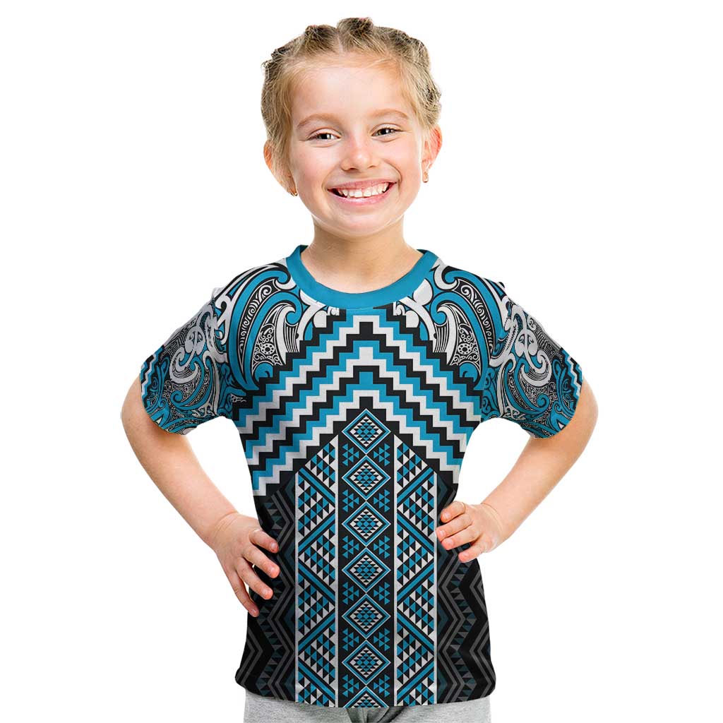 Maori Tukutuku Taniko Motifs Kid T Shirt Turquoise Poutama Mix Kowhaiwhai LT7 Turquoise - Polynesian Pride