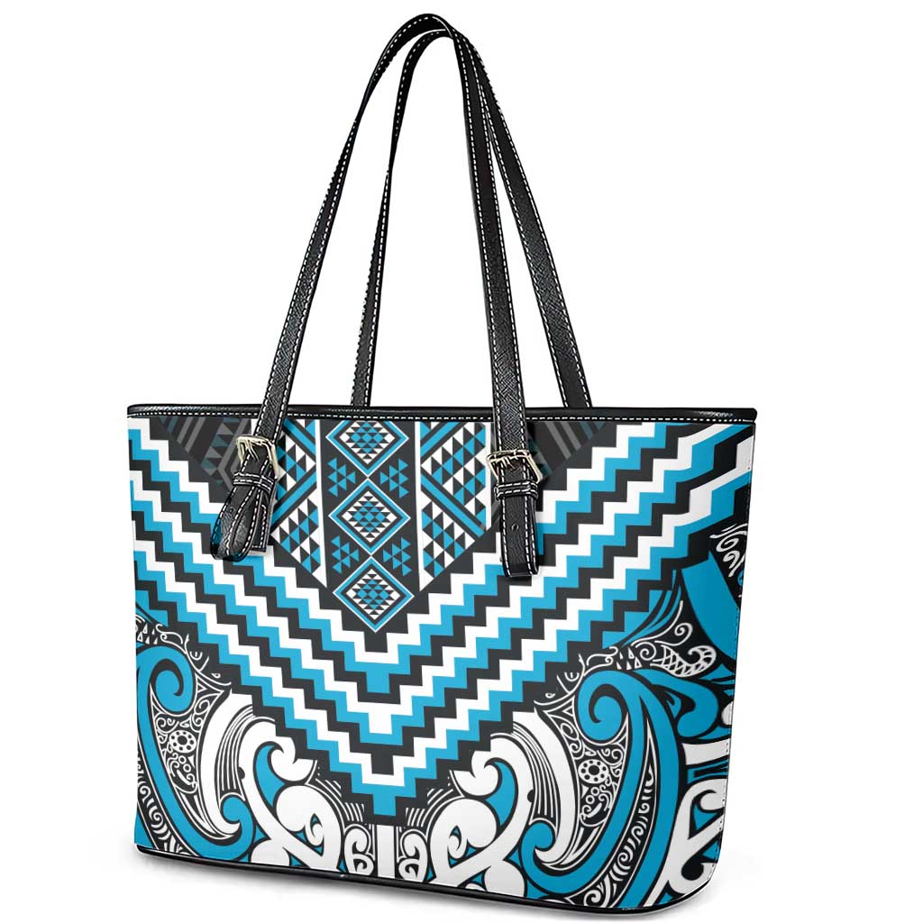 Maori Tukutuku Taniko Motifs Leather Tote Bag Turquoise Poutama Mix Kowhaiwhai LT7 - Polynesian Pride