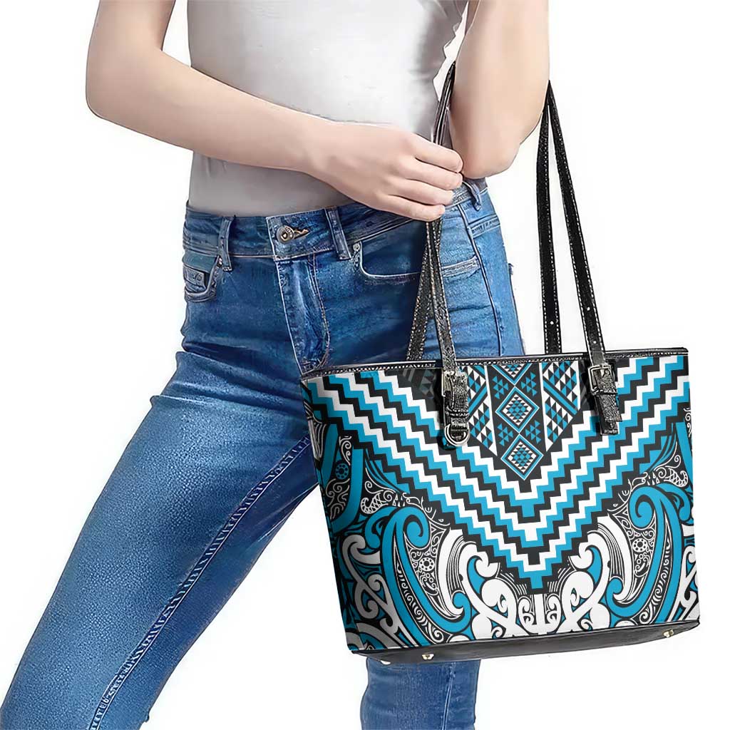 Maori Tukutuku Taniko Motifs Leather Tote Bag Turquoise Poutama Mix Kowhaiwhai LT7 - Polynesian Pride