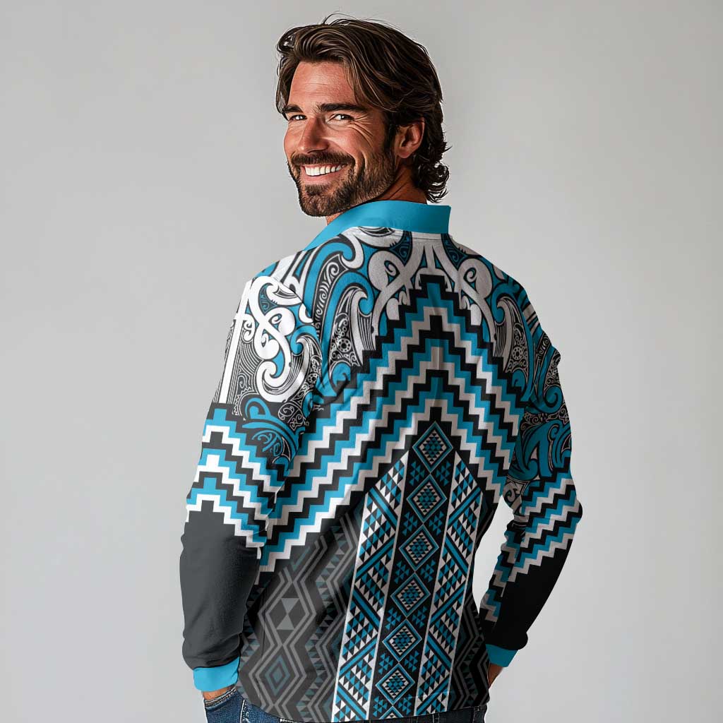 Maori Tukutuku Taniko Motifs Long Sleeve Polo Shirt Turquoise Poutama Mix Kowhaiwhai