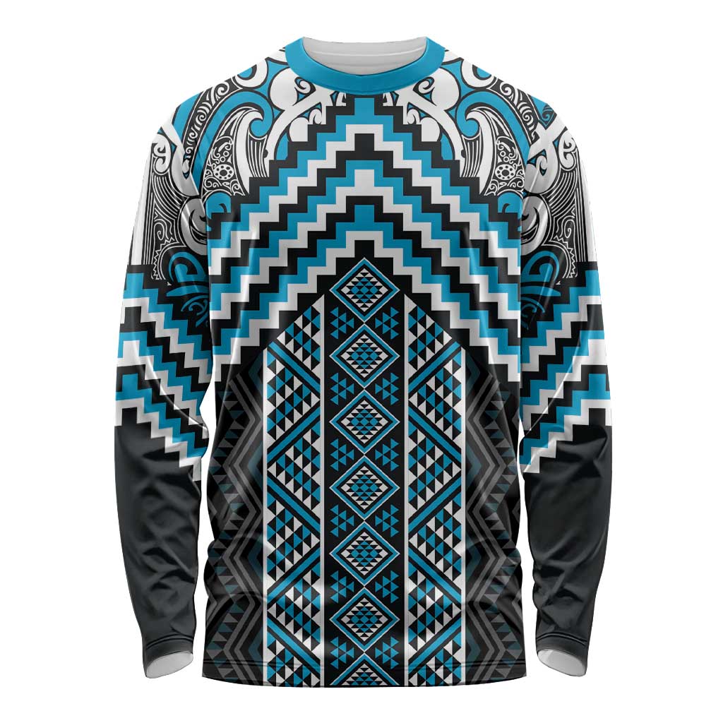 Maori Tukutuku Taniko Motifs Long Sleeve Shirt Turquoise Poutama Mix Kowhaiwhai LT7 Unisex Turquoise - Polynesian Pride