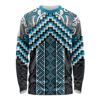 Maori Tukutuku Taniko Motifs Long Sleeve Shirt Turquoise Poutama Mix Kowhaiwhai LT7 Unisex Turquoise - Polynesian Pride