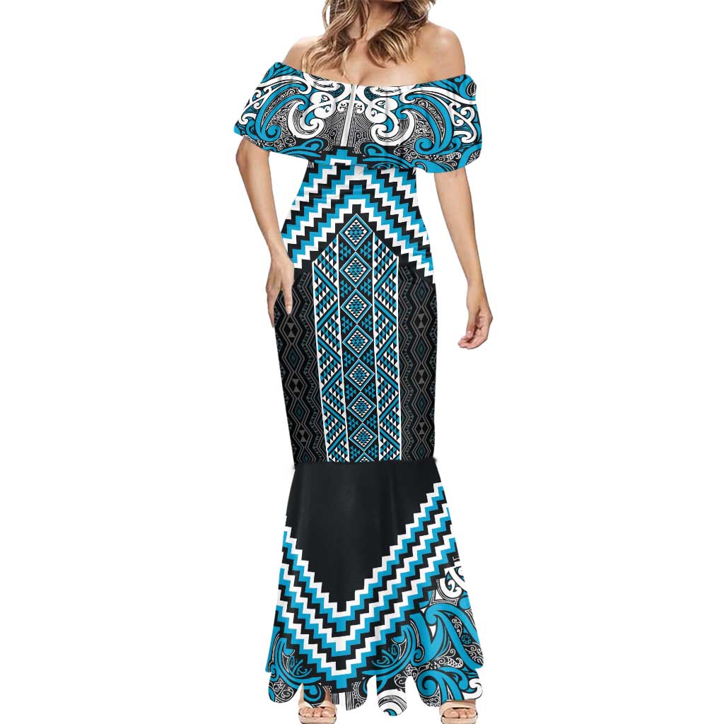 Maori Tukutuku Taniko Motifs Mermaid Dress Turquoise Poutama Mix Kowhaiwhai