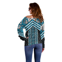 Maori Tukutuku Taniko Motifs Off Shoulder Sweater Turquoise Poutama Mix Kowhaiwhai