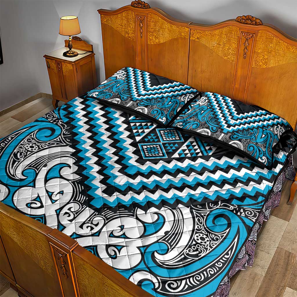 Maori Tukutuku Taniko Motifs Quilt Bed Set Turquoise Poutama Mix Kowhaiwhai