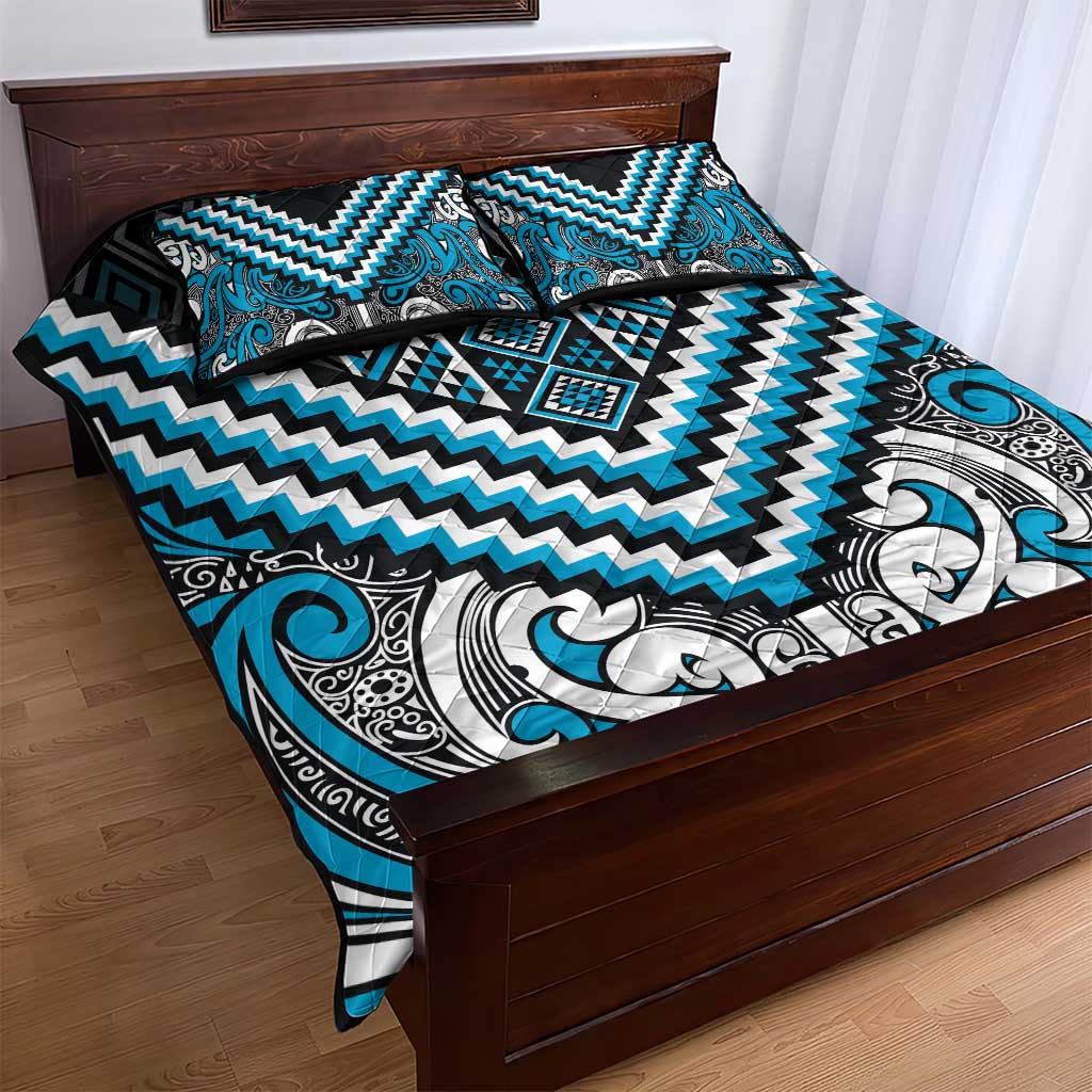 Maori Tukutuku Taniko Motifs Quilt Bed Set Turquoise Poutama Mix Kowhaiwhai