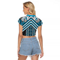 Maori Tukutuku Taniko Motifs Raglan Cropped T Shirt Turquoise Poutama Mix Kowhaiwhai LT7 - Polynesian Pride