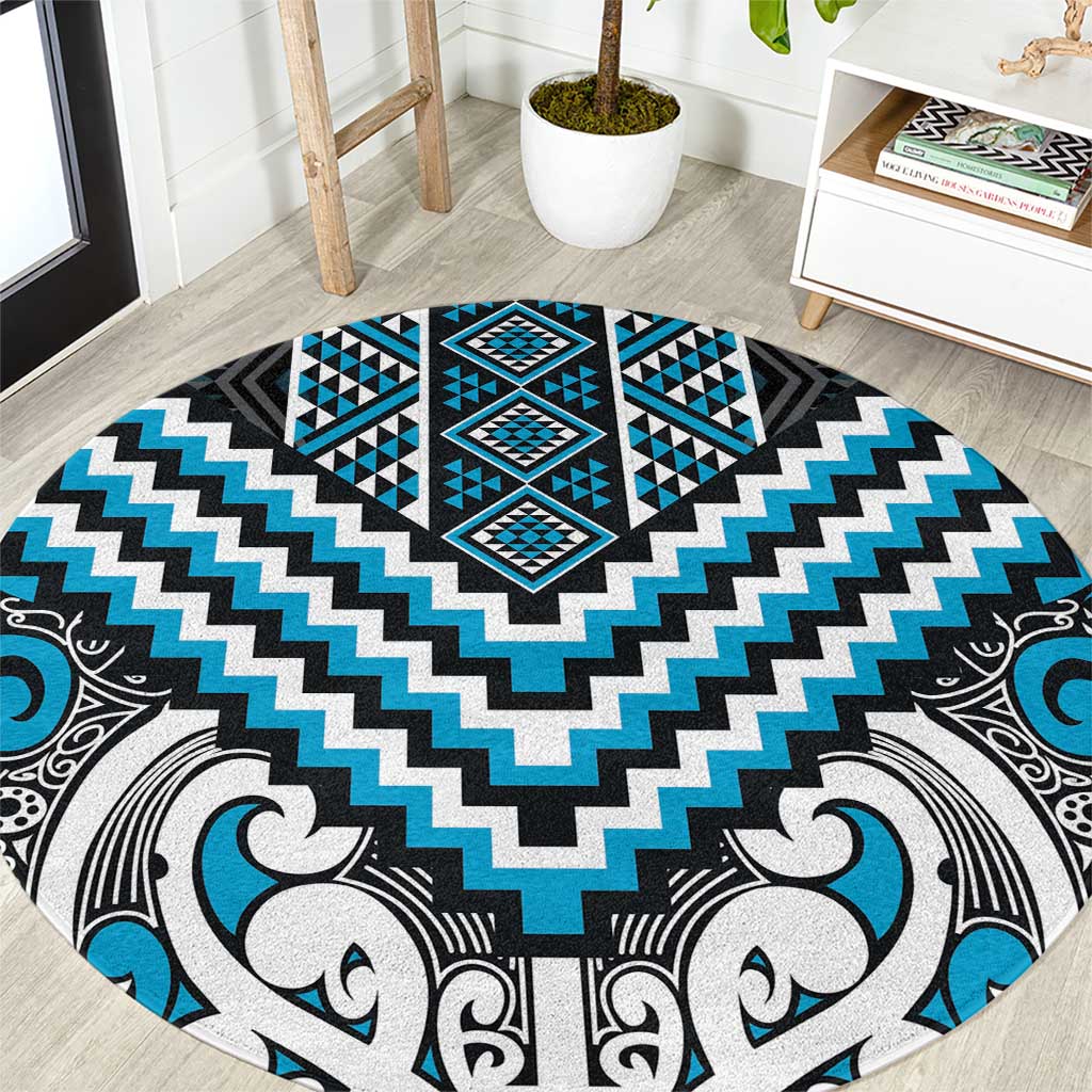 Maori Tukutuku Taniko Motifs Round Carpet Turquoise Poutama Mix Kowhaiwhai